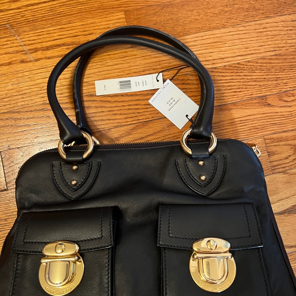 Black Leather Handbag with Gold Accents